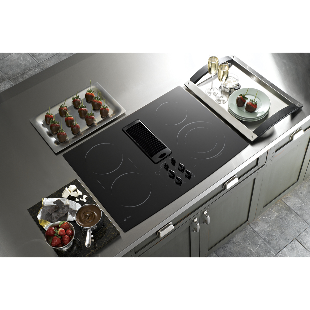 General Electric PP989DNBB 30" Smoothtop Electric Downdraft Cooktop with 400 CFM, 3Speed Fan, 4